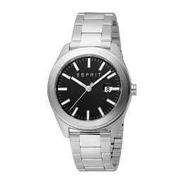 ESPRIT Men Watch, Silver Color Case, Black Dial, Stainless Steel Metal Bracelet, 3 Hands Date, 5 ATM